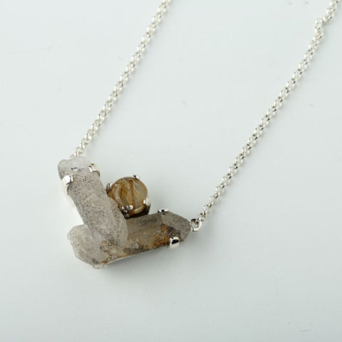 Sterling Silver 925 With Gold Rutilated Quartz Intarsia Gemstone Pendant, 12.4g - MyGemGarden