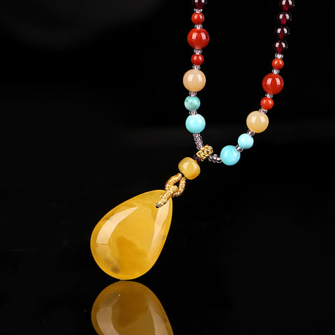 New Arrival Beeswax Necklace Pendant 30x21x10mm, Garnet 4.5mm Round Beads, 24.8g - MyGemGarden