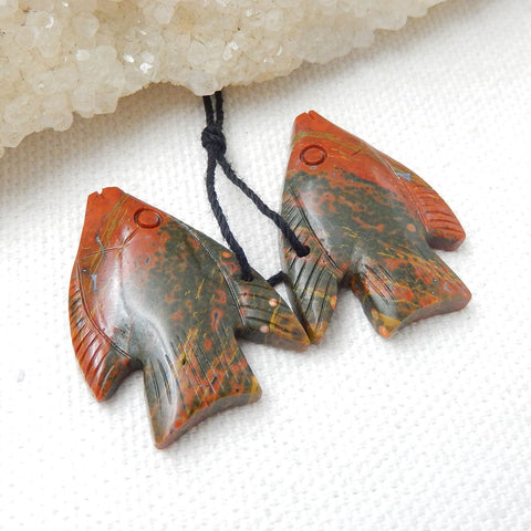 New, Carved Multicolor Picasso Jasper Fish Gemstone Earrings Set, 28x21x5mm, 7.2g - MyGemGarden