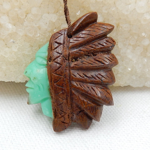 Carved Natural Chrysoprase Gemstone Indian Head Pendant, 43x35x9mm, 14.2g - MyGemGarden