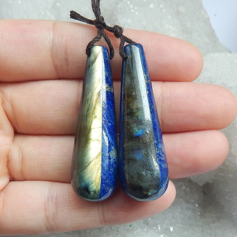 Natural Labradorite Lapis Lazuli Glued Earrings Pair,42x13x13mm,19g - MyGemGarden