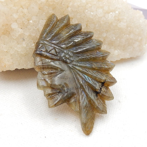 Vintage Hand Carved Labradorite Gemstone Indian Head Pendant , 68x45x5mm, 20.1g - MyGemGarden