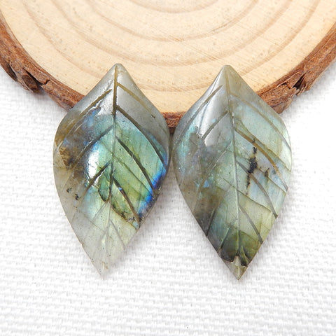 Hand Carved Natural Labradorite Leaf Gemstone Cabochon Pair, 32x18x4mm, 5.7g - MyGemGarden