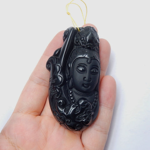 Handmade Obsidian Carved guanyin buddha Pendant Bead, 67x36x14mm, , 47.4g - MyGemGarden