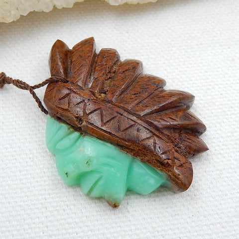 Carved Natural Chrysoprase Gemstone Indian Head Pendant, 43x35x9mm, 14.2g - MyGemGarden