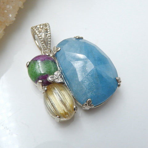 Sterling Silver 925 With Ruby And Zoisite, Blue Aquamarine, Gold Rutilated Quartz Intarsia Gemstone Pendant, Gorgeous Pendant, 27x26x11mm, 16.6g - MyGemGarden