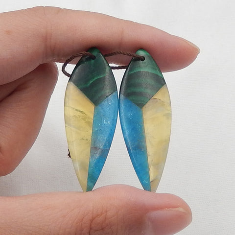 Malachite, Blue Apatite And Yellow Opal Glued Gemstone Earrings Stone Pair, 40x15x4mm, 7.2g