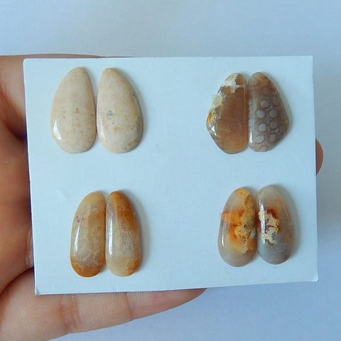 4 Pair Natural Indonesian Fossil Coral Cabochon Pair,19x15x3mm,18x9x4mm,7.7g - MyGemGarden