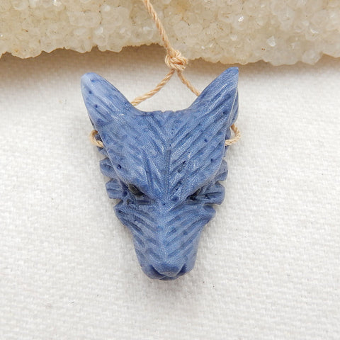 Handmade Blue Coral Carved Wolf Head Pendant Bead, 33x24x11mm, 8.2g - MyGemGarden