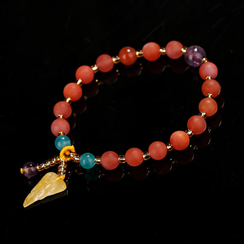 Natural 7mm Frosted straw berry quartz and amber leaf beaded Elastic bracelet, 10.8g - MyGemGarden