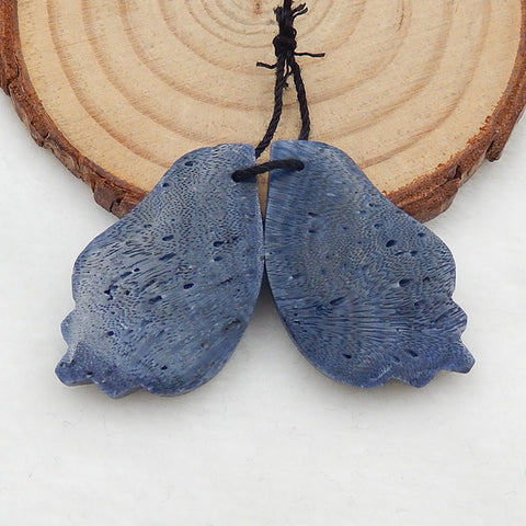 Carved Shell Shaped Blue Coral Earrings Stone Pair, 31x19x5mm, 7.2g