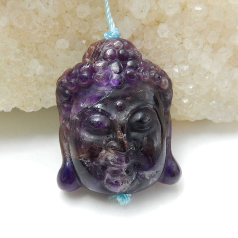 Carved Amethyst Gemstone Buddha Head Pendant Stone, 31x25x11mm, 11.9g - MyGemGarden