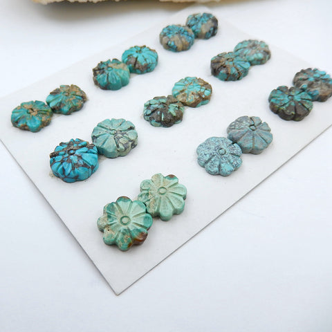 9 pair Turquoise Carved Flowers Cabochon Pairs, 12x4mm, 12x5mm, 18.5g - MyGemGarden