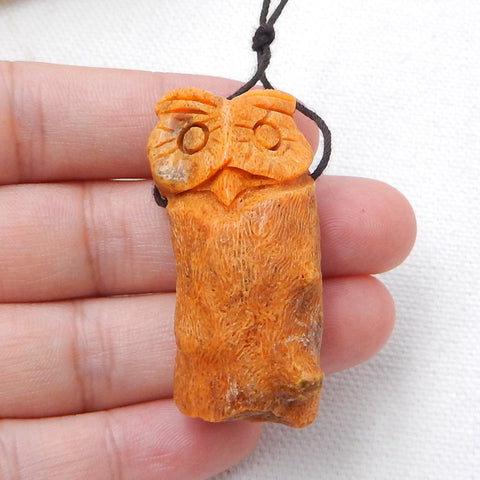 New, Carved Orange Fossil Coral Owl Pendant Bead, 44x19x15mm, 16.5g - MyGemGarden