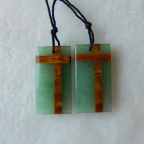 Intarsia of Green Aventurine And Tiger's Eye Earring Beads 25x13x4mm, 5.4g