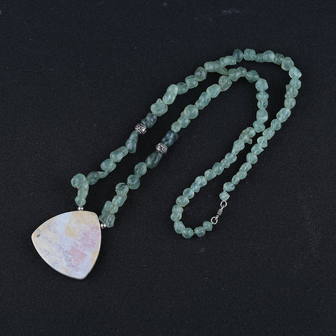 Natural Prehnite With Silver Beads Gemstone Necklace, Ocean Jasper Pendant, Handmade Jewelry, 1 Strand, 24 inch, 86g