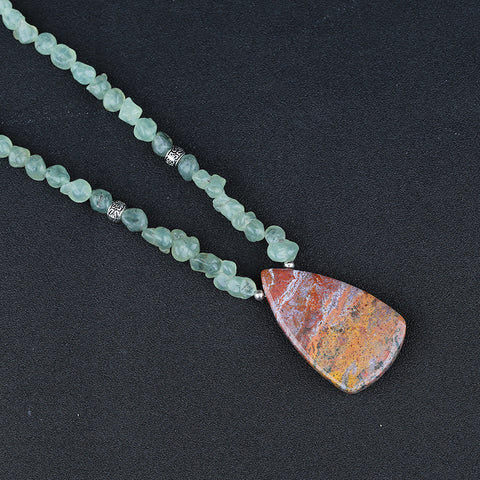 Natural Prehnite With Silver Beads Gemstone Necklace, Ocean Jasper Pendant, Handmade Jewelry, 1 Strand, 24 inch, 92g