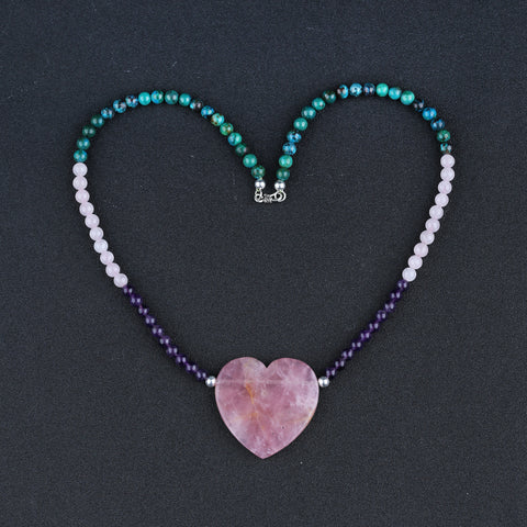 Natural Chrysocolla, Amethyst, Rose Quartz Beads for Necklace 1 Strand, 22 inch, 48g