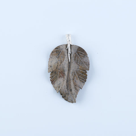 Natural Chohua Jasper Carved leaf Pendant with 925 Sterling Silver 70x41x6mm, 19.7g