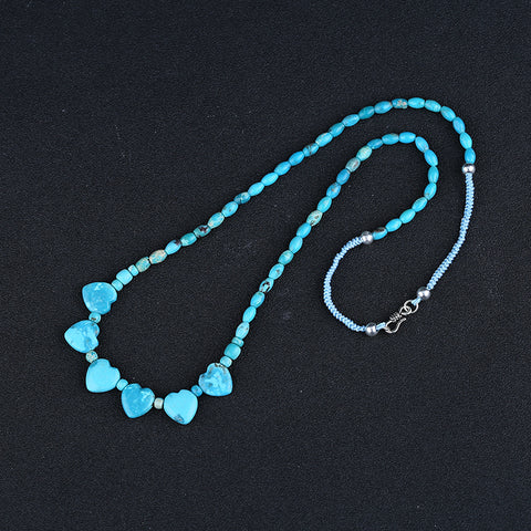 Natural Turquoise With Silver Beads Gemstone Necklace, 925 Silver Buckle Necklace, 1 Strand, 22 inch, 14.6g