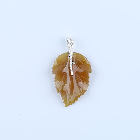 Natural Agate Carved Leaf Pendant with 925 Sterling Silver Pinch Bail 47x26x6mm, 7.8g