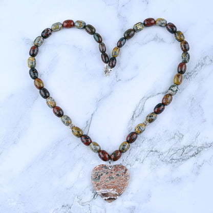 Natural Ocean Jasper Gemstone With Silver Beads Necklace, Heart Shape Pendant, Handmade Jewelry, 1 Strand, 24 inch, 121g