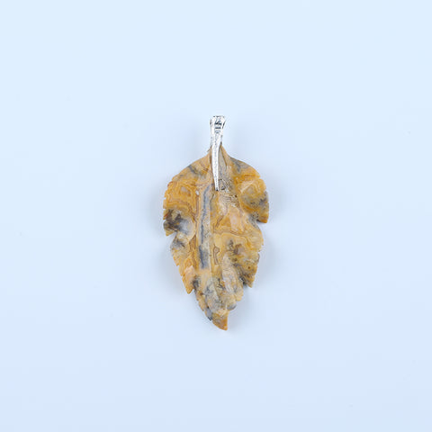 Pendentif en feuille de jaspe Chohua naturel sculpté à la main, bélière en argent sterling 925, 57x42x13mm, 21g