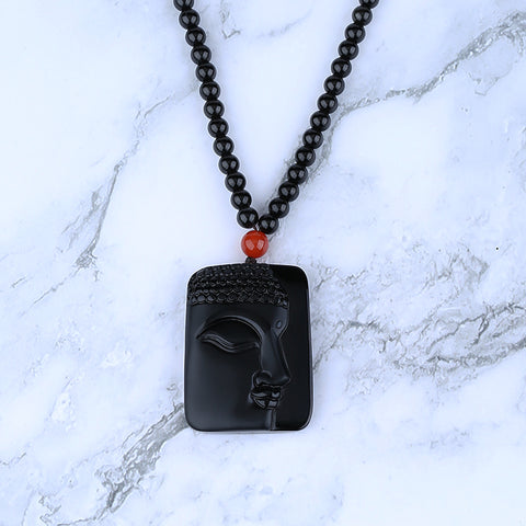 Collier pendentif en pierres précieuses d'obsidienne de bouddha sculpté naturel, 60x39x13mm, 50.6g, 30cm