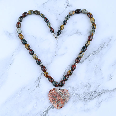 Natural Ocean Jasper Gemstone With Silver Beads Necklace, Heart Shape Pendant, Handmade Jewelry, 1 Strand, 24 inch, 115g