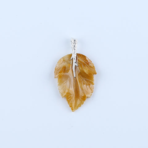 Natural Yellow Jade Carved leaf Pendant with 925 Sterling Silver Accessory 47x27x6mm, 8.2g