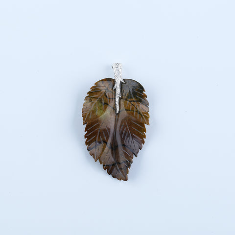 Pendentif en feuille de jaspe Chohua naturel sculpté à la main, bélière en argent sterling 925, 57x42x13mm, 21g