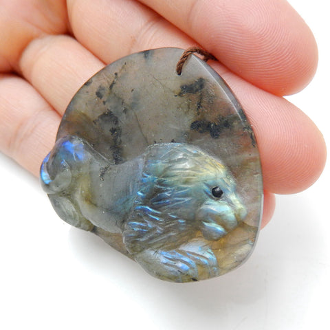 Handmade Carved Lion Labradorite Gemstone Pendant, 47x37x10mm, 21g - MyGemGarden