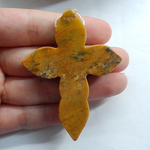 Carved Yellow Opal Gemstone Cross Pendant Bead, 61x46x8mm, 18.5g - MyGemGarden