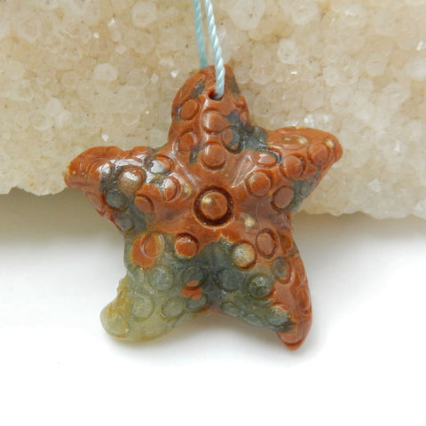 Carved Ocean Jasper Gemstone Starfish Pendant Stone, 33x7mm, 7.4g - MyGemGarden