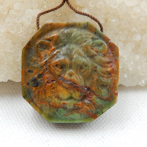 Carved Lion head Serpentine Gemstone Pendant, 33x32x11mm, 20.3g - MyGemGarden