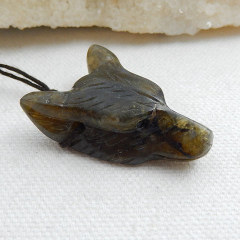 Handmade Labradorite Carved Wolf Head Pendant Bead, 38x26x12mm, 14g - MyGemGarden