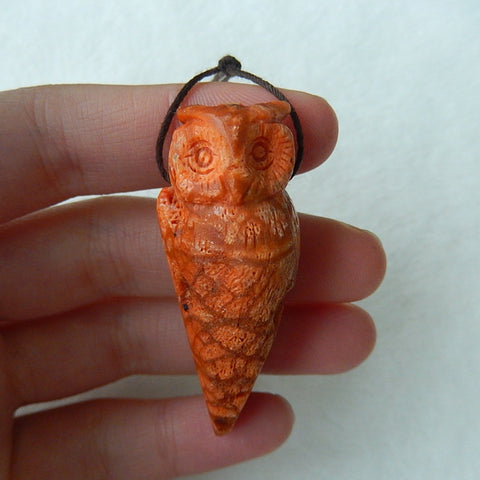 Accept Custom Size New Fashion Orange Fossil Coral Carved Owl, 48x19x16mm, 11g - MyGemGarden