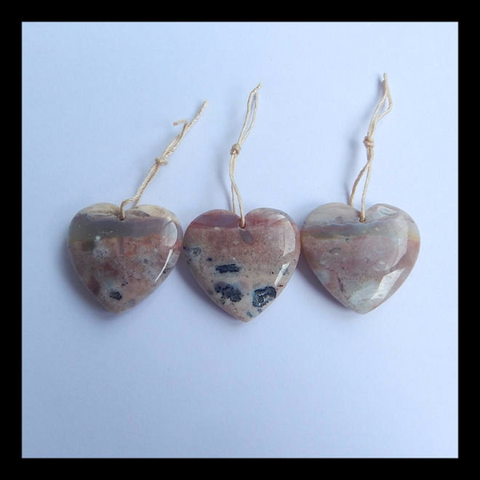 3 pcs Ocean Jasper Gemstone, Heart Pendant With Heart Pendant Beads, 24x25x7mm, 24x25x6mm, 17.4g - MyGemGarden