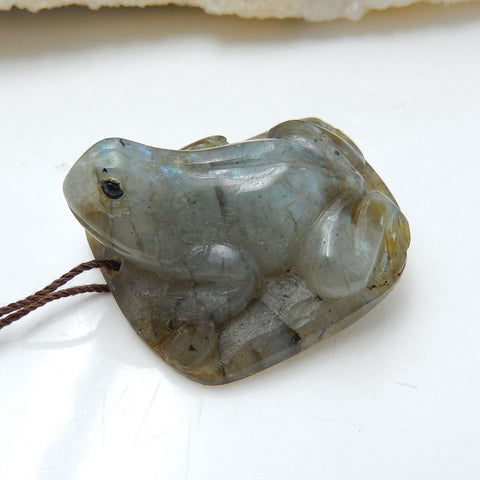 Handmade Labradorite Frog Pendant, Animal Carving, 35x29x17mm, 21.3g - MyGemGarden