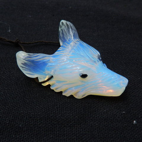 Handmade Opalite Carved Wolf Head Pendant Bead, 46x35x13mm, 22.1g - MyGemGarden