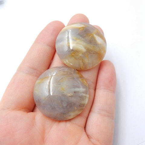 Natural Bamboo Agate Round Gemstone Cabochon pair, 31x7mm, 19.3g - MyGemGarden