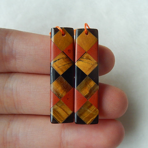 Obsidian, Red River Jacper and Tiger's Eye Glued Drilled Earrings Pair, 34x8x3mm, 3.7g - MyGemGarden