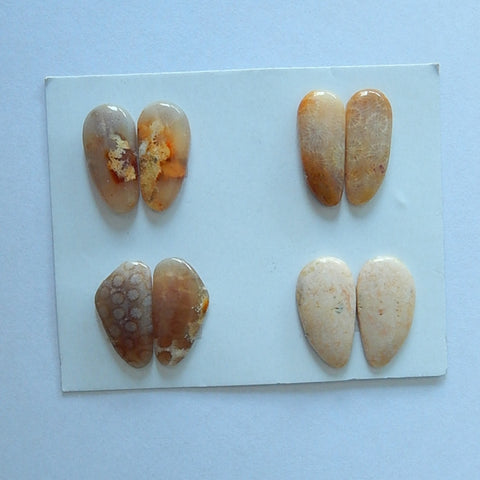 4 Pair Natural Indonesian Fossil Coral Cabochon Pair,19x15x3mm,18x9x4mm,7.7g - MyGemGarden