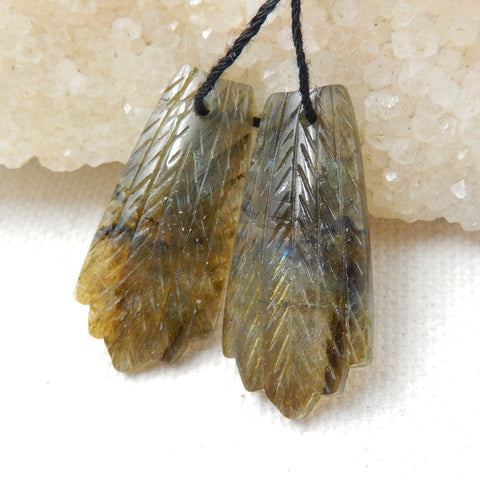 Hand Carved Labradorite Feather Shaped Earrings Beads, 29x14x3mm, 4.5g - MyGemGarden