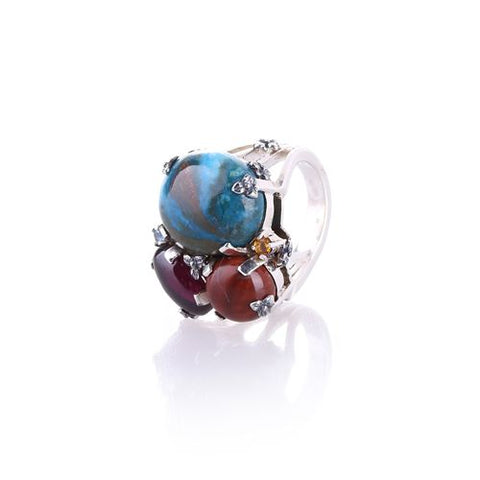 Well Designed!!Stering Silver 925 With Blue Opal With Garnet, Wood Stone Gemstone Intarsia Fashion Jewelry Ring 14.1g(Ring 6 Size) - MyGemGarden