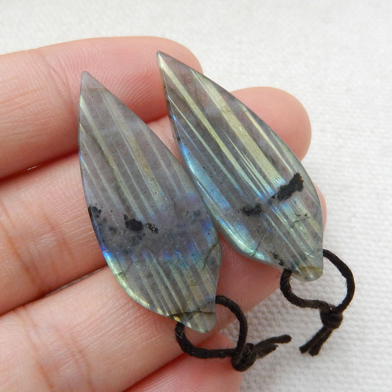 Hot sale Labradorite Carved leaf Earrings Pair, 34x13x4mm, 5.9g - MyGemGarden