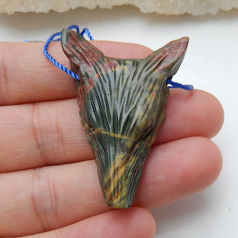 Handmade Multi-Color Picasso jasper Carved Wolf Head Pendant Bead, 40x28x10mm, 7.1g - MyGemGarden