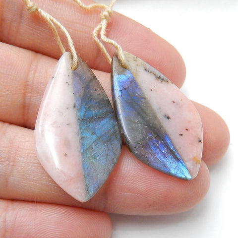 Natural Pink Opal and Labradorite Glued Gemstone Earrings Pair, 30x16x4mm, 4.8g - MyGemGarden