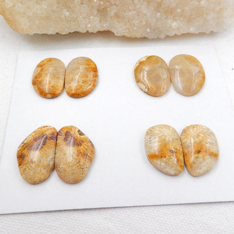 Sale 4 Pairs Indonesian Fossil Coral Gemstone Cabochons, 20x14x6mm, 22x15x5mm, 20.6g - MyGemGarden