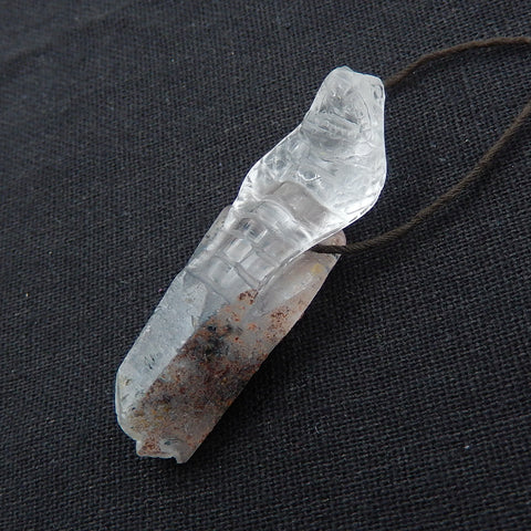 Natural ghost quartz hand carved snake pendant bead, 51x18x13mm, 14.3g - MyGemGarden